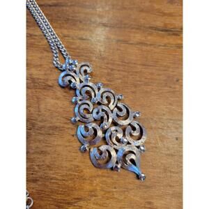 Vintage Monet Scrolled Hinged Pendant Necklace Textured Large Silvertone 24”